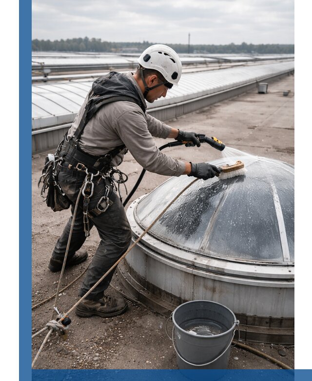 Мойка зенитных фонарей на кровле для промышленных объектов в Феодосии