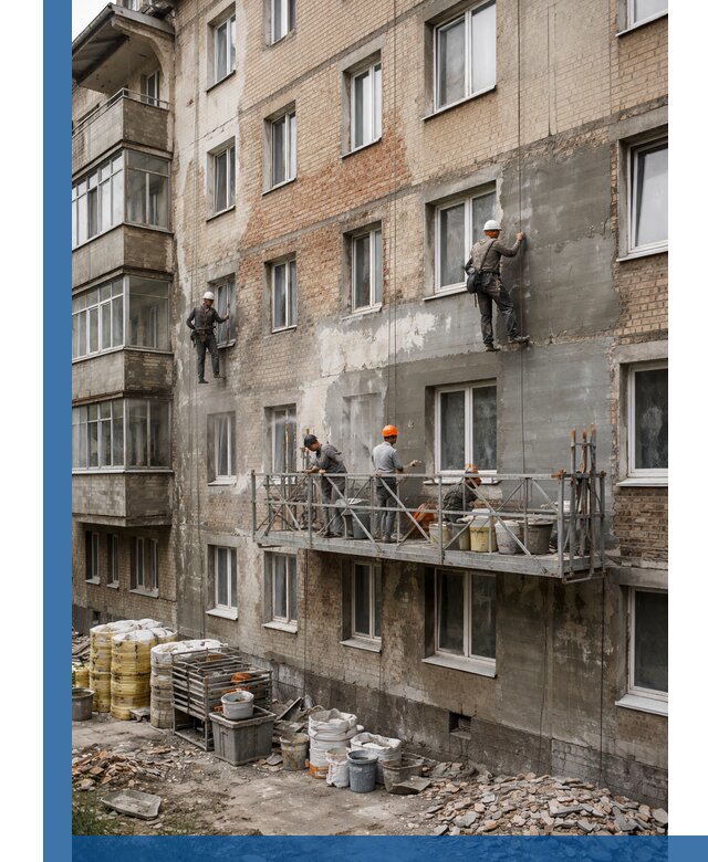 Капитальный ремонт фасада в Феодосии с восстановлением и гидроизоляцией