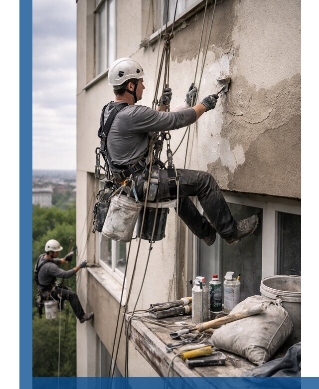 Косметический ремонт фасада зданий в Феодосии промышленными альпинистами