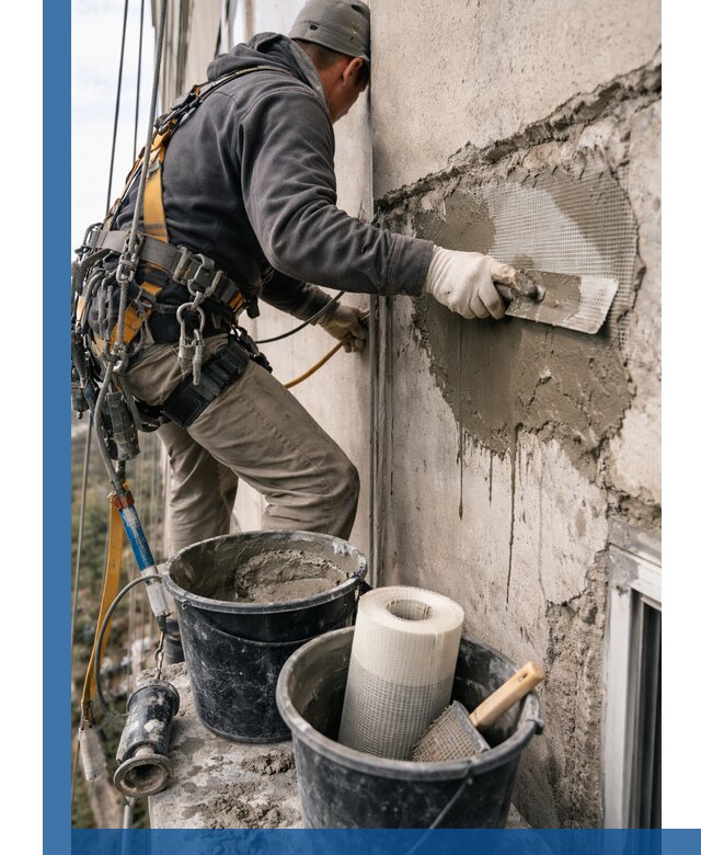 Ремонт бетонных элементов фасада промышленными альпинистами в Феодосии