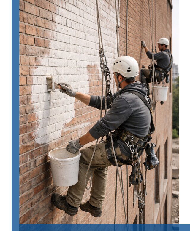 Покраска кирпичного фасада с доступным альпинистским сервисом в Феодосии