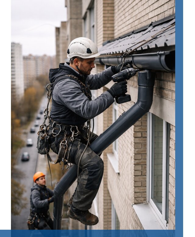 Монтаж водосточной системы на здании в Феодосии от 5079 р. | ВЫСОТНИК-Фдс