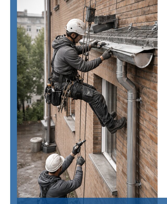 Монтаж водосточной системы на здании в Феодосии под ключ