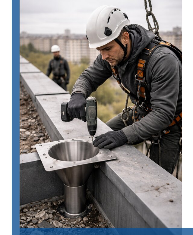 Монтаж водосточных воронок в Феодосии для промышленных зданий