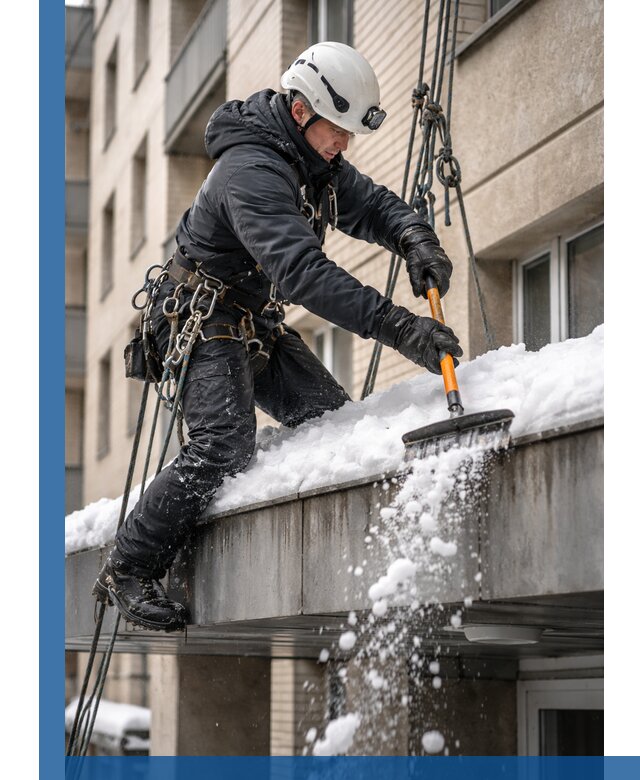 Очистка козырьков от снега в Феодосии круглогодично безопасно