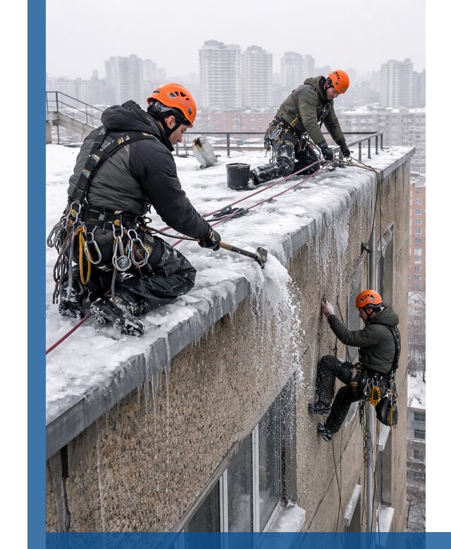 Удаление наледи с кровли в Феодосии промышленными альпинистами