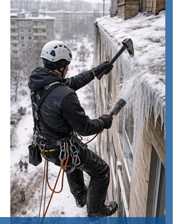 Сбивание сосулек с крыши в Феодосии по цене от 4571 р. | ВЫСОТНИК-Фдс