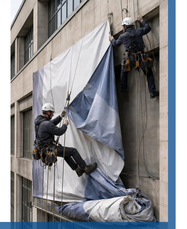 Демонтаж баннеров с фасада в Феодосии от 4571 р. | ВЫСОТНИК-Фдс