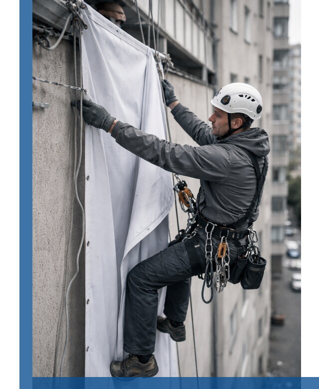 Замена баннерного полотна промышленными альпинистами в Феодосии