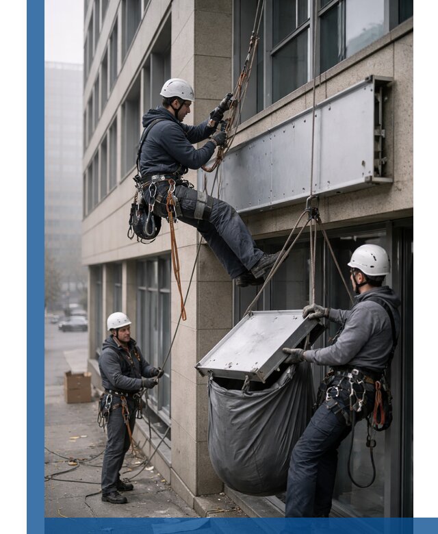 Демонтаж рекламной вывески с высотными работами в Феодосии