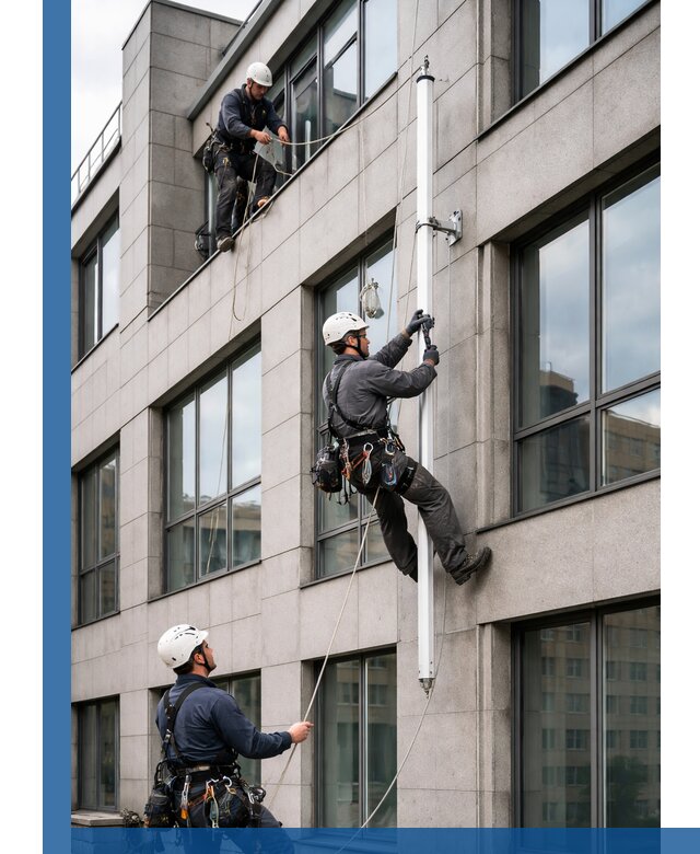 Монтаж флагштока на фасаде здания с креплением и герметикой в Феодосии