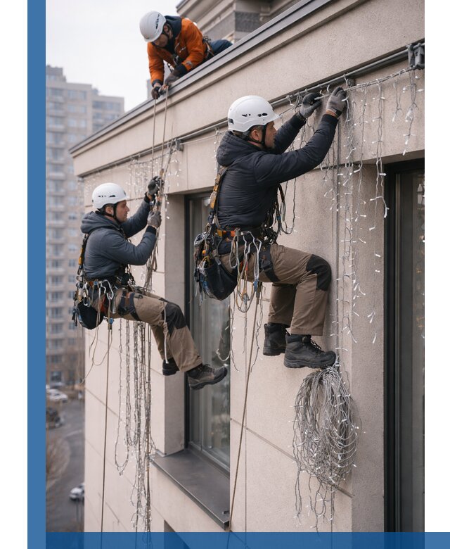 Монтаж праздничных гирлянд на фасаде в Феодосии для зданий