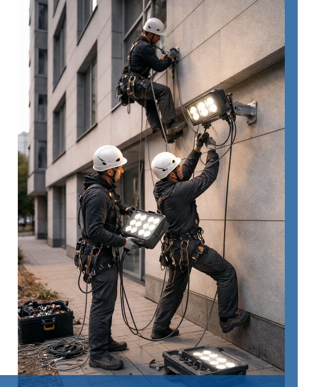 Монтаж прожекторов на фасаде в Феодосии от 7619 р. | ВЫСОТНИК-Фдс