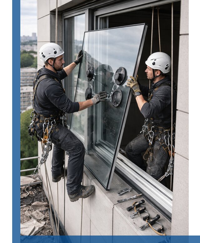 Замена стеклопакетов на высоте с промышленными альпинистами в Феодосии