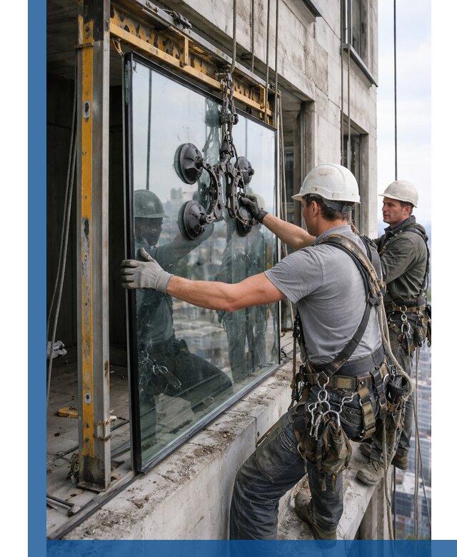 Монтаж стеклопакетов на высоте в Феодосии с промышленным альпинизмом