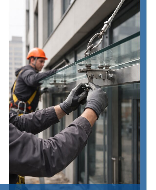 Монтаж стеклянных козырьков в Феодосии от 8634 р. | ВЫСОТНИК-Фдс