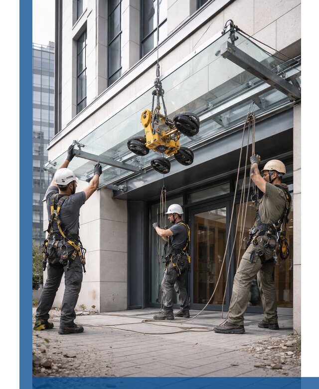 Монтаж стеклянных козырьков под ключ в Феодосии для зданий