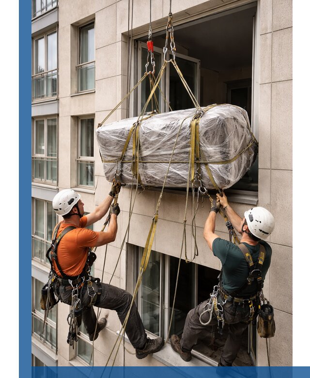 Подъем грузов через окно в Феодосии промышленными альпинистами