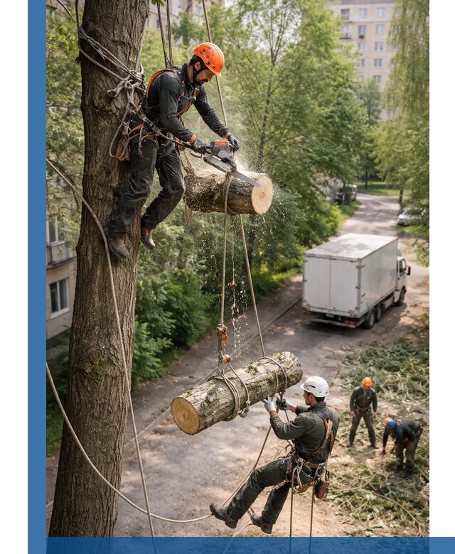 Спил деревьев альпинистами в Феодосии, безопасно и без повреждений
