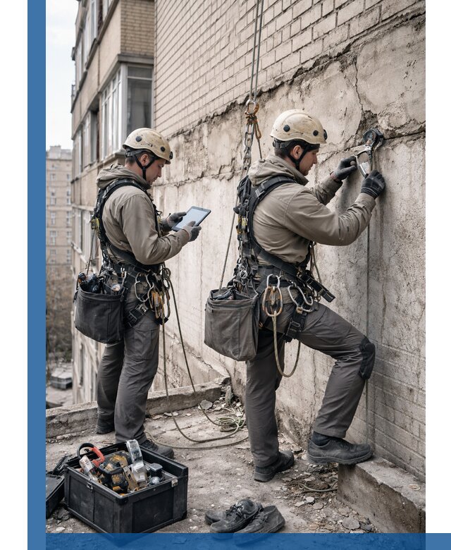 Обследование фасада промышленными альпинистами в Феодосии